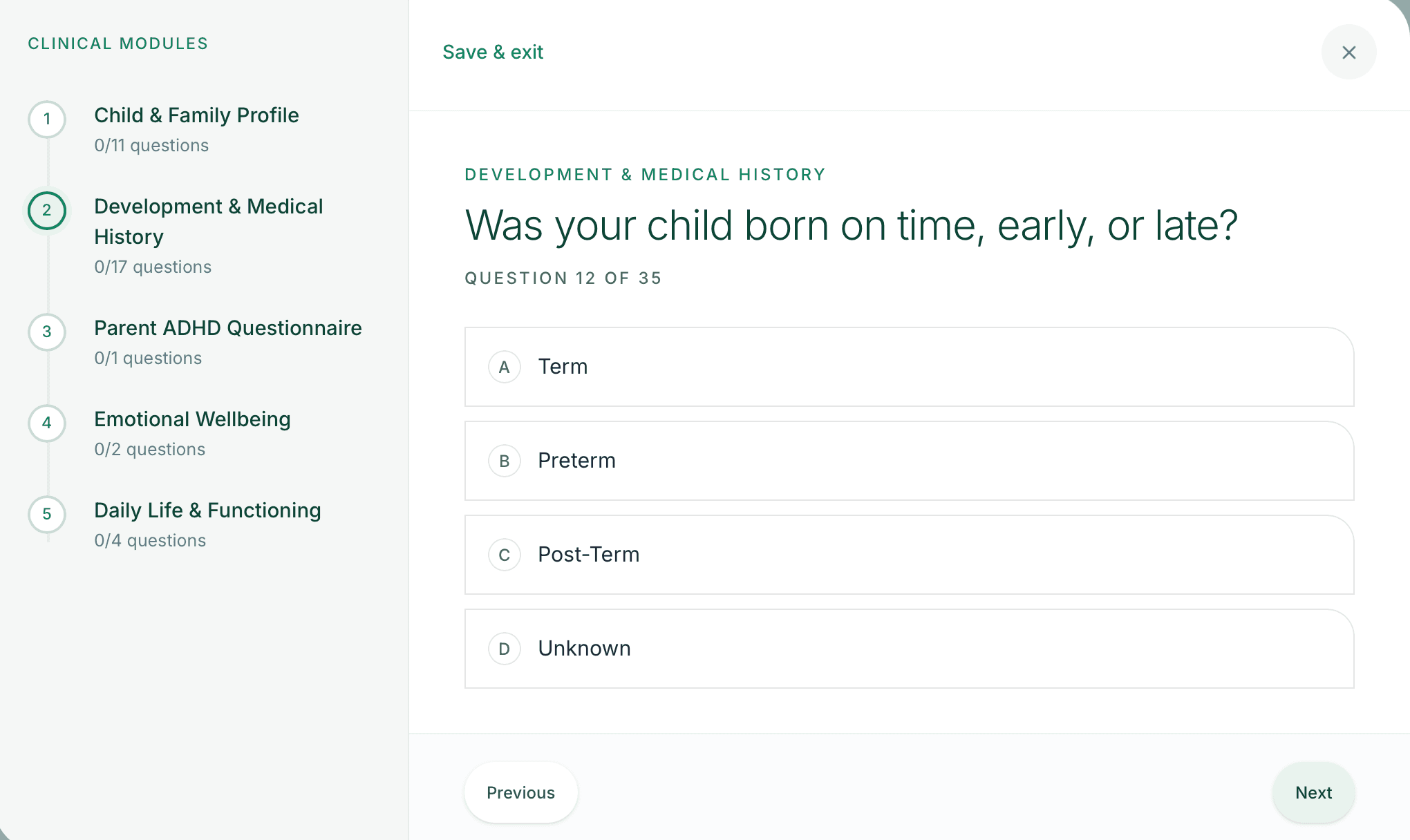 Threadline clinical modules questionnaire showing a development and medical history question