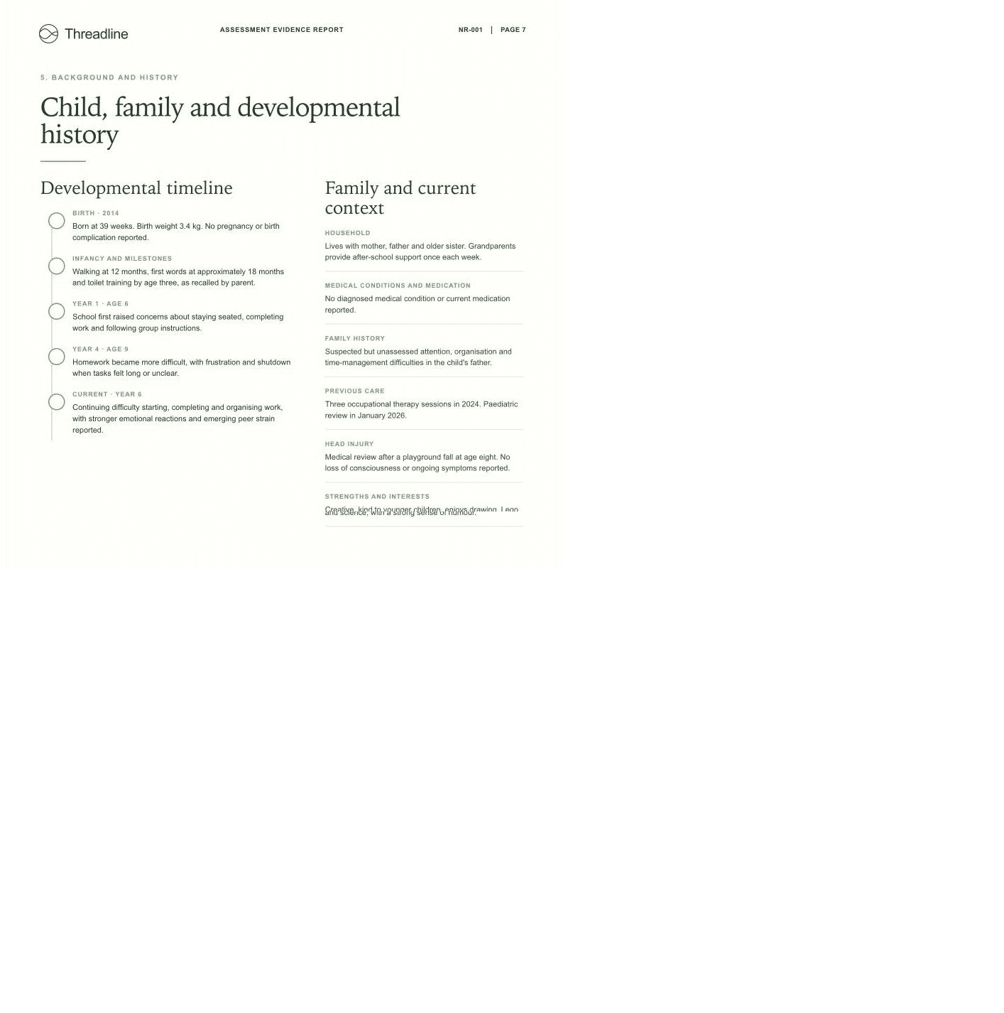 Child, family and developmental history from an Assessment Evidence Report