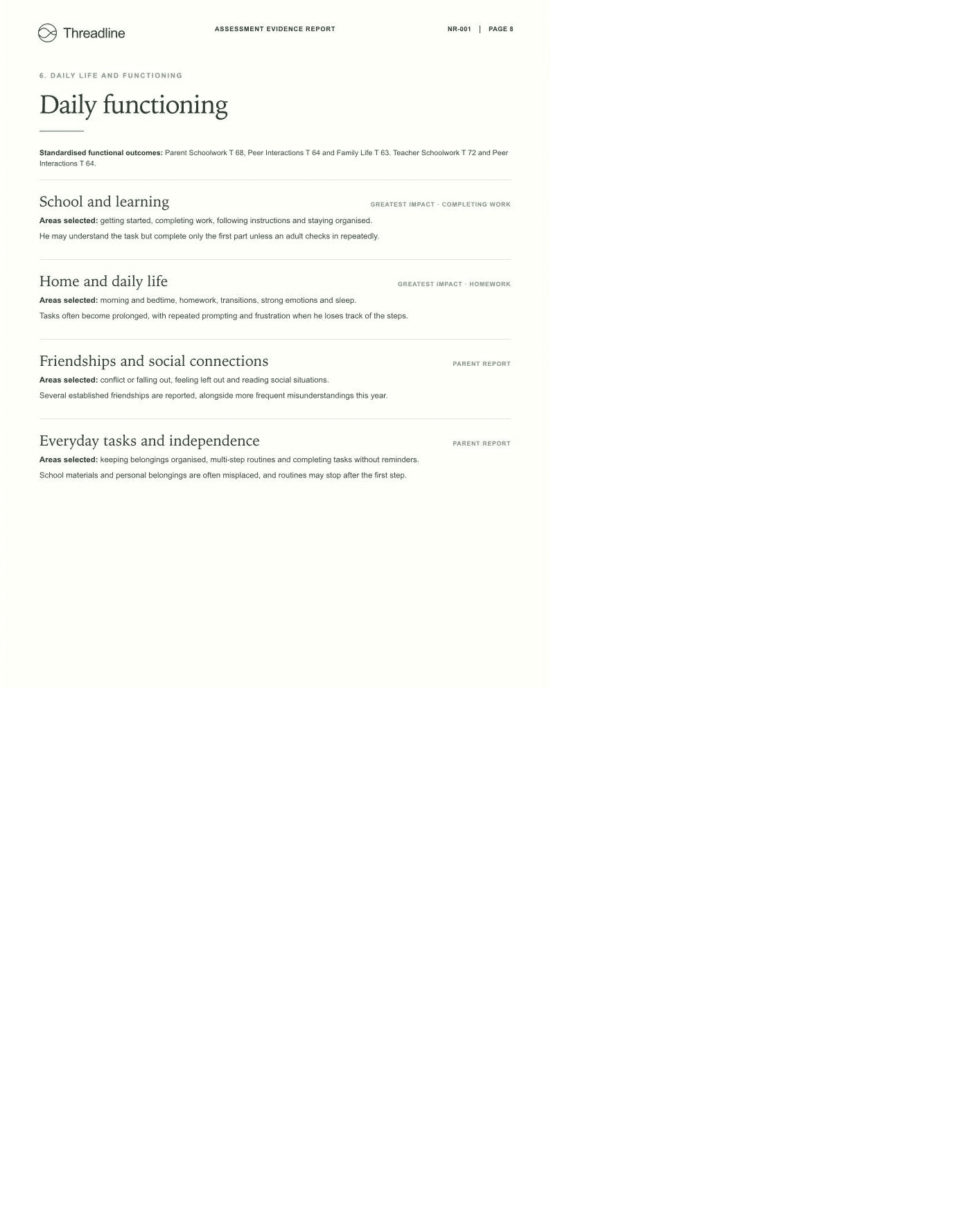Daily functioning from an Assessment Evidence Report