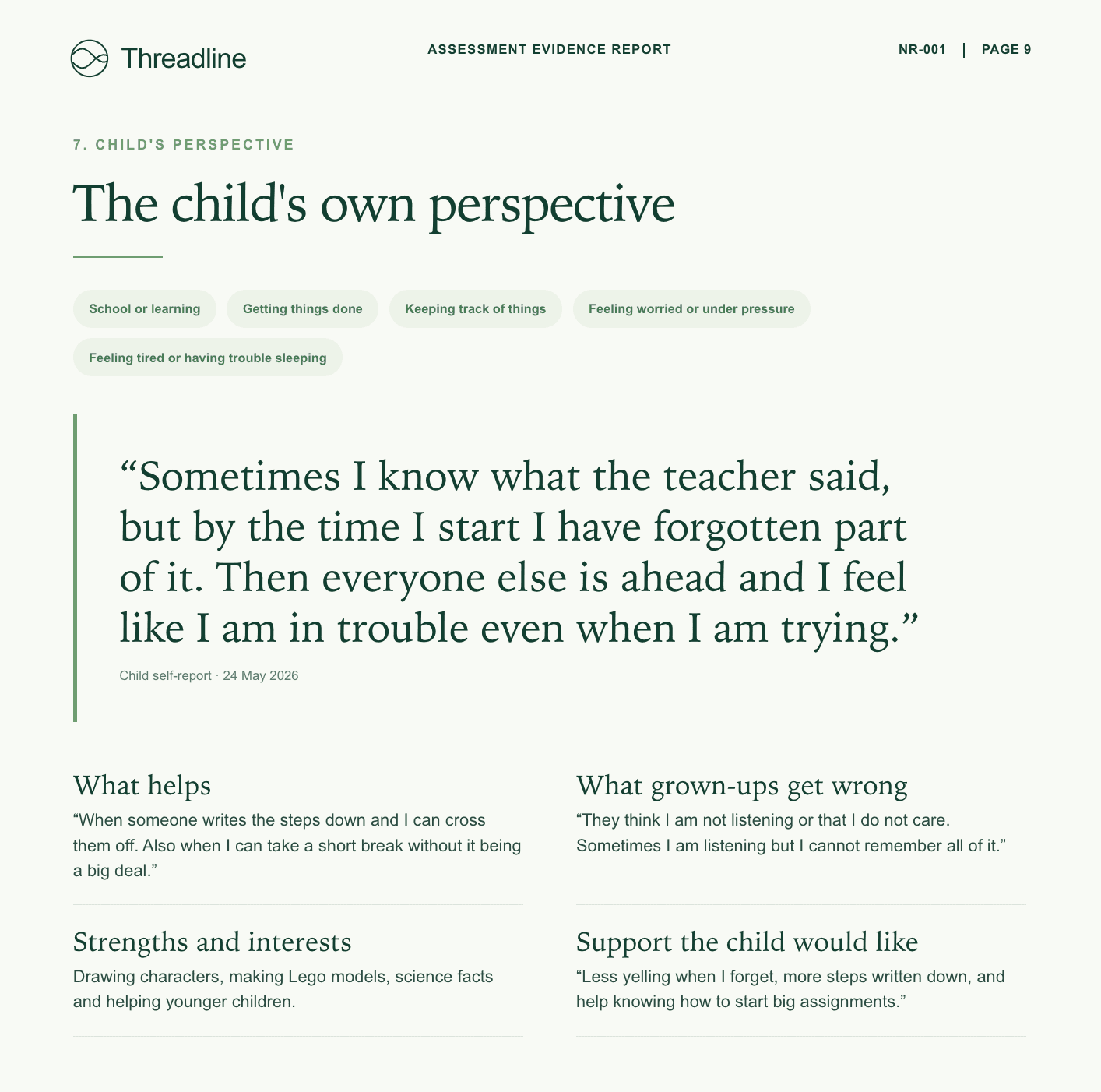 Child's perspective page from an Assessment Evidence Report