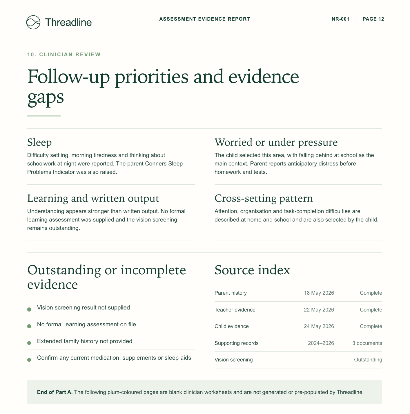 Follow-up priorities and evidence gaps in a Threadline Assessment Evidence Report